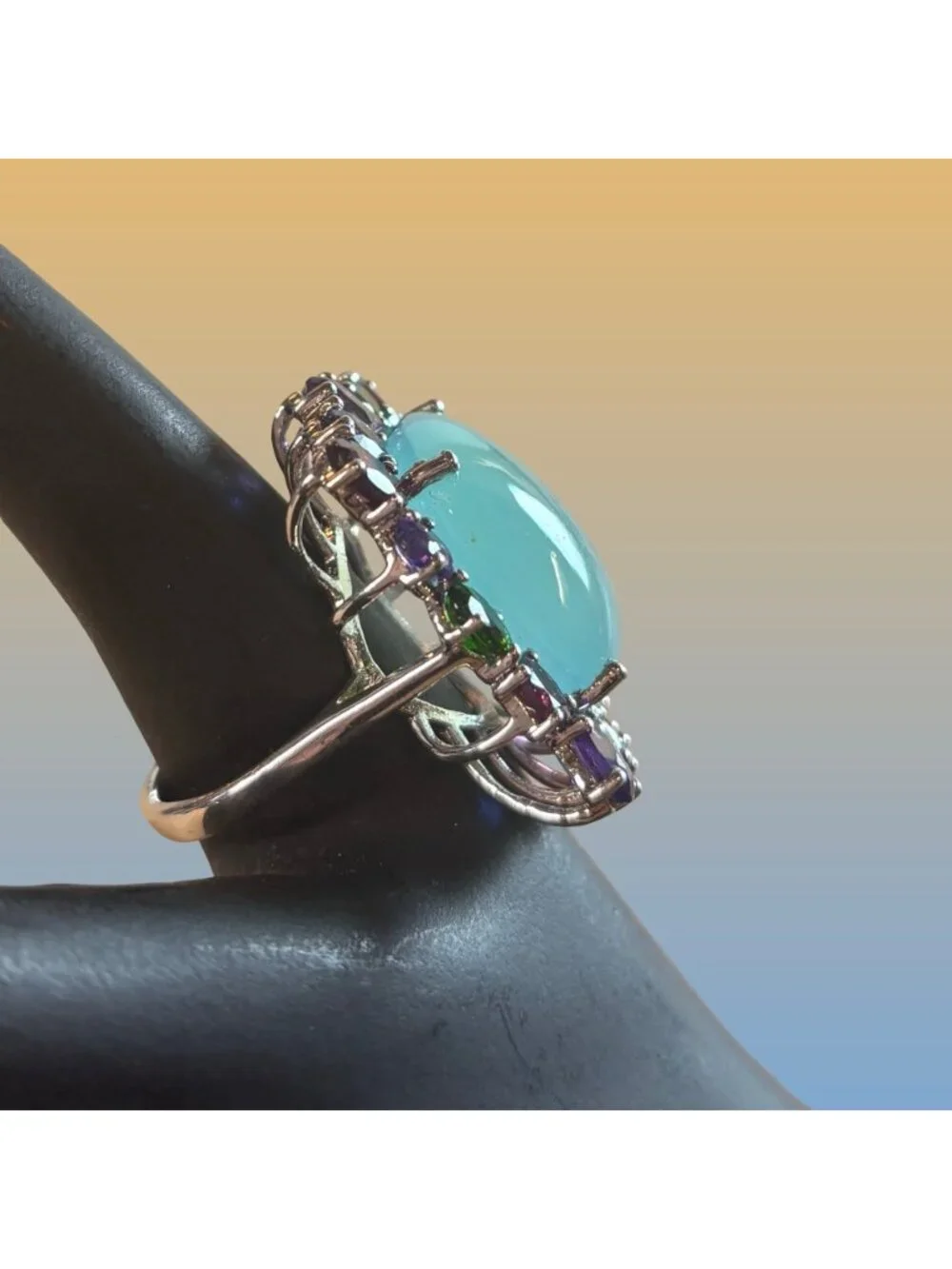 Multicolor Gemstone Sterling Silver Chalcedony Aqua Center Stone Statement Ring